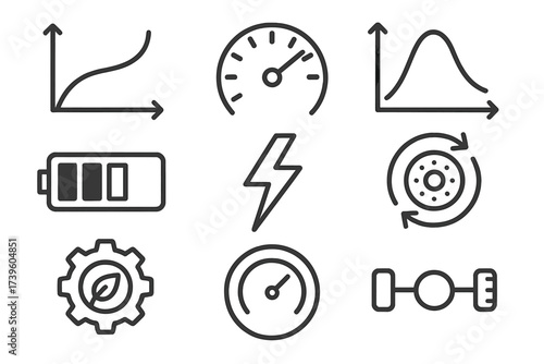 EV Performance Icons. Line style icons of EV performance metrics: acceleration graph, top speed dial, torque curve, range bar,