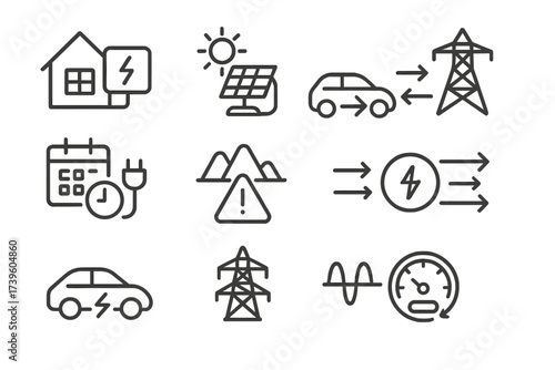 Smart Grid Icons. Line style icons of smart grid integration: home energy monitor, solar to EV, vehicle-to-grid icon, smart