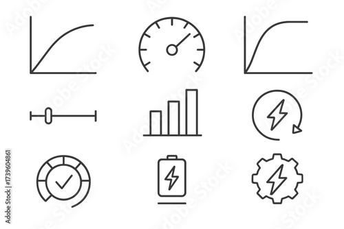 EV Performance Icons. Line style icons of EV performance metrics: acceleration graph, top speed dial, torque curve, range bar,