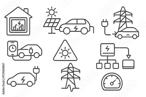 Smart Grid Icons. Line style icons of smart grid integration: home energy monitor, solar to EV, vehicle-to-grid icon, smart