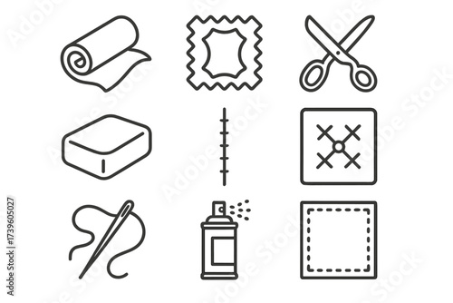 Upholstery Tools Icons. Line style icons of upholstery materials and tools: leather roll, vinyl swatch, fabric scissors, foam