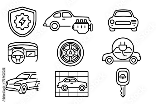 Hybrid Restoration Icons. Line style icons of hybrid restoration styles: restomod badge, vintage shell with modern motor, classic