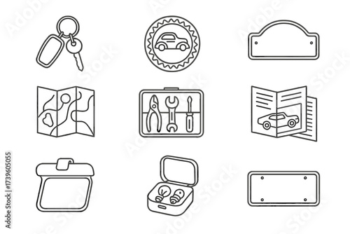 Vintage Car Icons. Line style icons of collectible car accessories: vintage keychain, car club badge, rally plate, glovebox map,