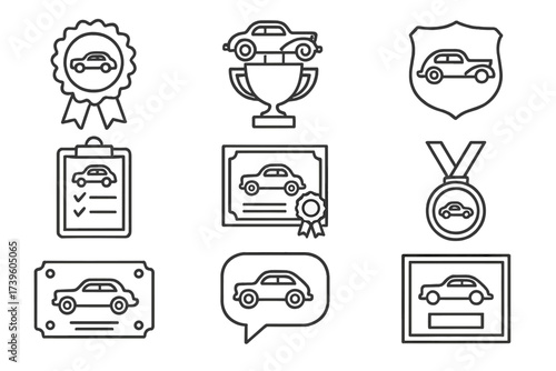 Vintage Car Award Icons. Line style icons of vintage car awards: best in show ribbon, restoration trophy, concours badge, judge’s