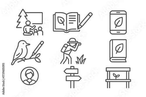 Rewilding Education Icons. Line style icons of rewilding education: outdoor class, nature journal, digital learning app, wildlife