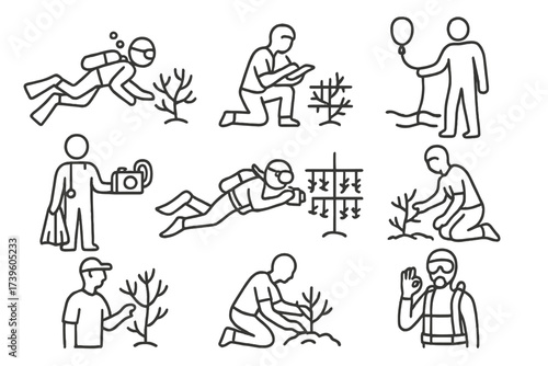 Coral Conservation Icons. Line style icons of coral volunteer roles: coral diver, data recorder, buoy handler, gear coordinator,
