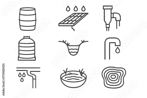 Rainwater Harvesting Icons. Line style icons of rainwater harvesting: rain barrel, roof catchment, first flush diverter, water