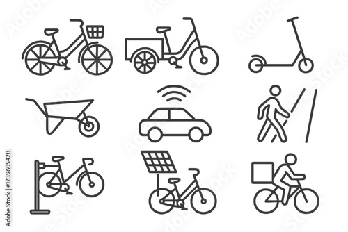 Eco-Friendly Transport Icons. Line style icons of eco-friendly transport: bicycle with basket, cargo trike, electric scooter,