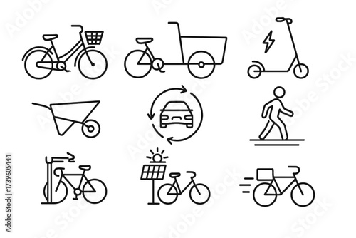 Eco-Friendly Transport Icons. Line style icons of eco-friendly transport: bicycle with basket, cargo trike, electric scooter,
