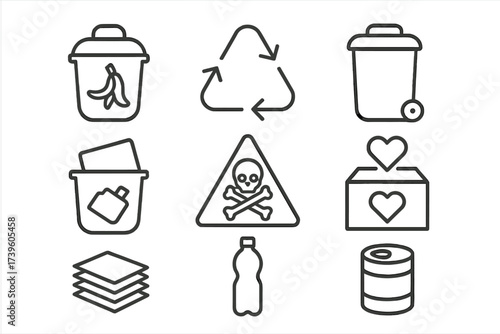Waste Sorting Icons. Line style icons of waste sorting symbols: compost bin, recycle triangle, landfill bin, electronics bin,
