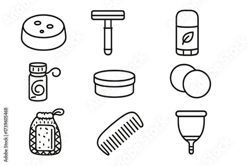 Zero-Waste Care Icons. Line style icons of personal care items in zero-waste routine: shampoo bar, safety razor, natural deodorant