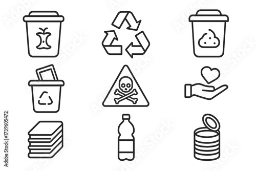 Waste Sorting Icons. Line style icons of waste sorting symbols: compost bin, recycle triangle, landfill bin, electronics bin,