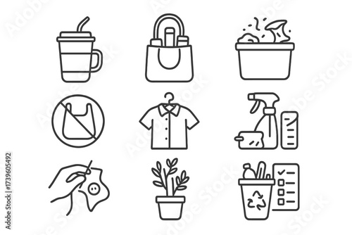 Zero-Waste Habit Icons. Line style icons of habits for a zero-waste lifestyle: bring your own cup, buy in bulk, compost food