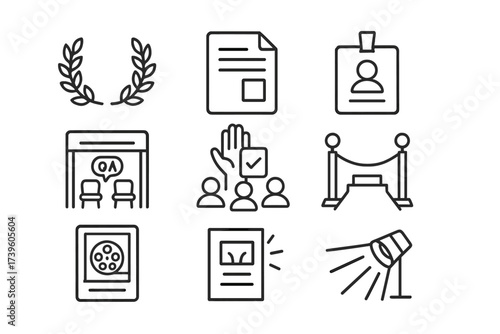 Film Festival Icons. Line style icons of film festival essentials: laurel wreath, submission form, filmmaker badge, screening