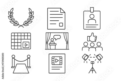 Film Festival Icons. Line style icons of film festival essentials: laurel wreath, submission form, filmmaker badge, screening