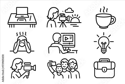 Indie Filmmaker Icons. Line style icons of personal indie filmmaker lifestyle: writing desk, sunset shoot, coffee cup, creative