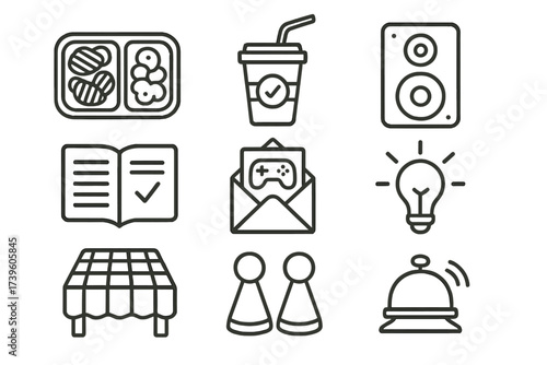 Game Night Icons. Line style icons of game night setup: snack tray, drink cup, music speaker, rules refresher, party invite,