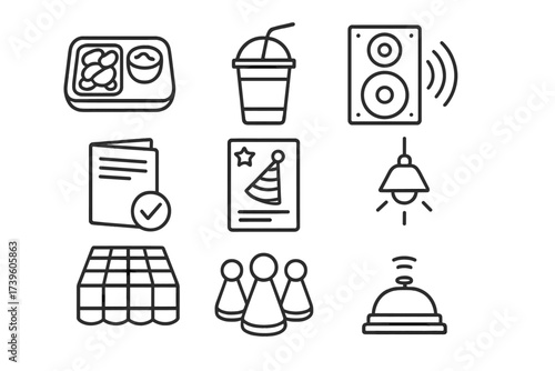 Game Night Icons. Line style icons of game night setup: snack tray, drink cup, music speaker, rules refresher, party invite,