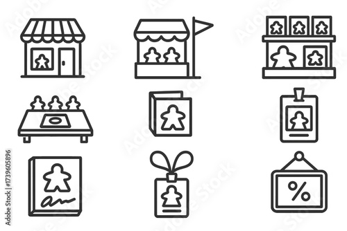 Board Game Iconography. Line style icons of board game retail and events: game shop, convention booth, shelf display, demo table,