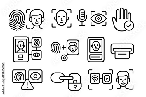 Biometric Authentication Icons. Line style icons of multi-modal biometric authentication: fingerprint + face icon, voice + iris