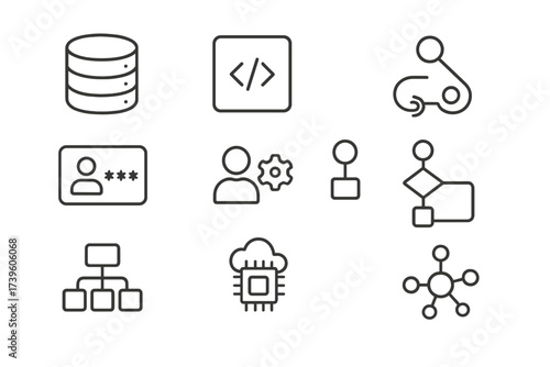 Low-Code Backend Icons. Line style icons of backend setup in low-code: database icon, API connector, webhook trigger,