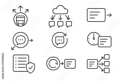 Serverless Messaging Icons. Line style icons of serverless messaging: event bus, pub/sub icon, message queue, SNS topic, message