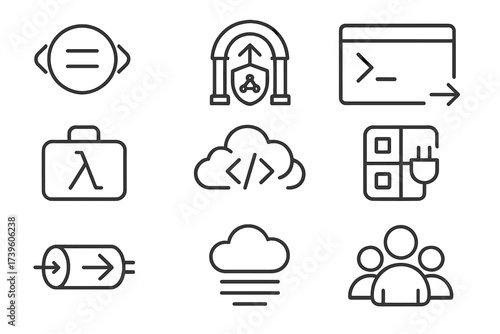 Vendor-Neutral Tool Icons. Line style icons of vendor-neutral tools: open standard icon, API gateway alternative, CLI deploy tool,