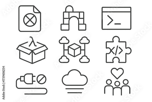 Vendor-Neutral Tool Icons. Line style icons of vendor-neutral tools: open standard icon, API gateway alternative, CLI deploy tool,