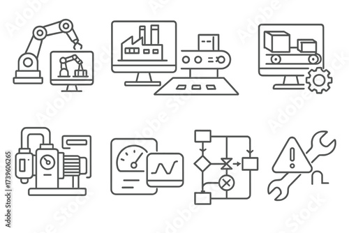 Industrial Digital Twin Icons. Line style icons of industrial digital twins: robotic arm twin, factory floor model, production