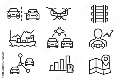 Transportation System Icons. Line style icons of transportation twins: vehicle twin, aircraft system icon, rail track model, ship