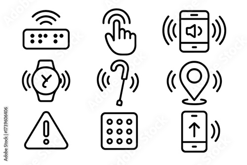 Haptic Feedback Icons. Line style icons of haptic feedback for accessibility: Braille device pulse, touch cue for hearing impaired