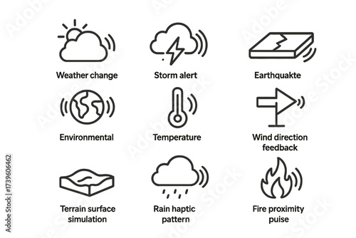 Environmental Haptics Icons. Line style icons of environmental haptics: weather change pulse, storm alert buzz, earthquake