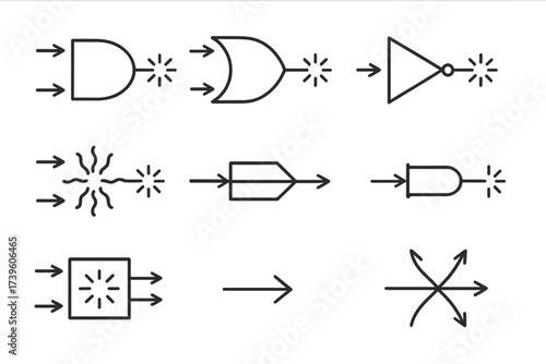 Light Logic Icons. Line style icons of light-based logic gates: optical AND gate, optical OR gate, optical NOT gate, interference
