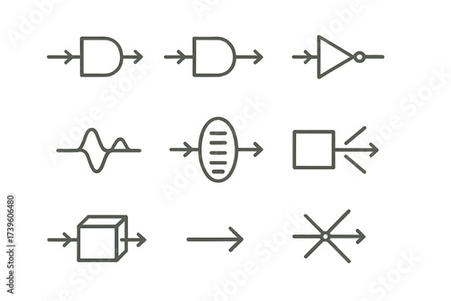 Light Logic Icons. Line style icons of light-based logic gates: optical AND gate, optical OR gate, optical NOT gate, interference
