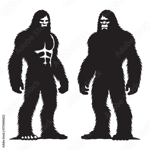 Black and white silhouette of a walking Yeti bigfoot