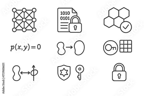 Quantum Algorithm Icons. Line style icons of quantum-safe algorithms: lattice structure, code-based encryption icon, hash-based