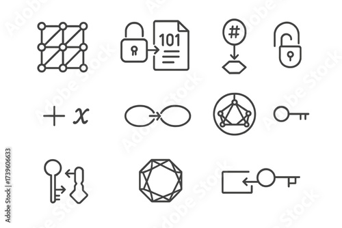 Quantum Algorithm Icons. Line style icons of quantum-safe algorithms: lattice structure, code-based encryption icon, hash-based