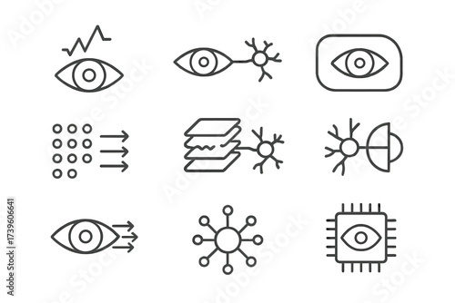 Neuromorphic Vision Icons. Line style icons of neuromorphic visual processing: dynamic vision spike, optic nerve simulation,