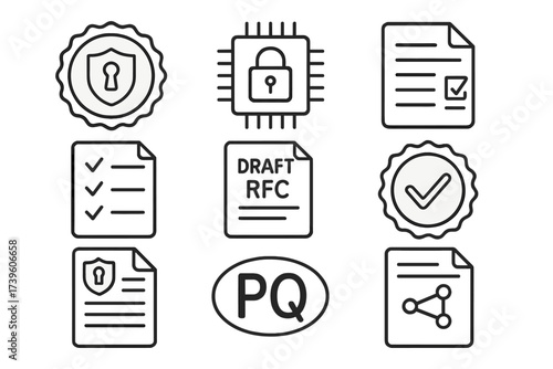 PQ Cryptography Icons. Line style icons of PQ cryptographic standards: NIST seal, crypto algorithm approval, standard doc icon,