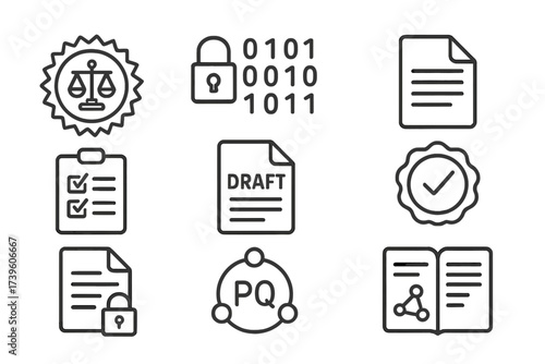 PQ Cryptography Icons. Line style icons of PQ cryptographic standards: NIST seal, crypto algorithm approval, standard doc icon,