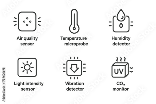 Smart Dust Sensors Icons. Line style icons of environmental sensing smart dust: air quality sensor, temperature microprobe,
