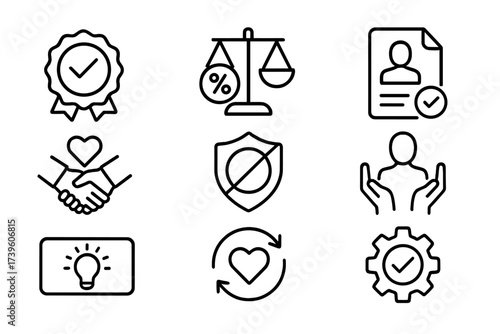Ethical Lending Icons. Line style icons of ethical lending practices: transparent terms badge, fair rate icon, client rights file,