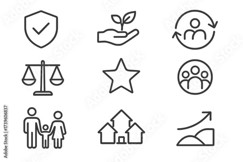 Ethical Investing Icons. Line style icons of ethical investing principles: do-no-harm badge, responsible stewardship icon,