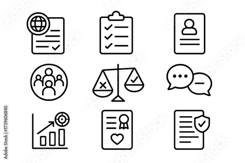 Impact Due Diligence Icons. Line style icons of impact due diligence: impact audit form, screening checklist icon, investor brief,