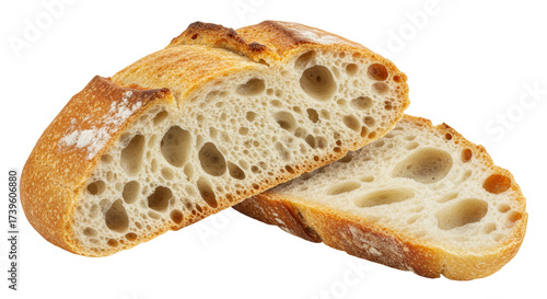 Two slices of sourdough bread isolated on transparent background, artisan loaf with open crumb for bakery and food concepts