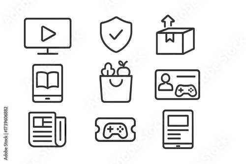 Subscription Icons Collection. Line style icons of types of subscriptions: streaming service icon, SaaS license badge, product box