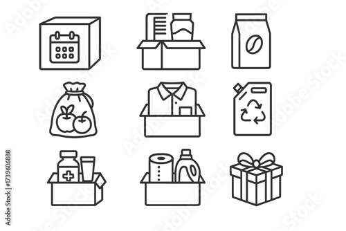 Subscription Product Icons. Line style icons of physical product subscriptions: monthly box icon, grooming kit delivery, coffee