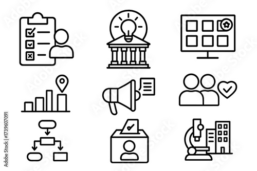 Citizen Innovation Icons. Line style icons of citizen innovation: public survey icon, town hall idea badge, civic challenge board,