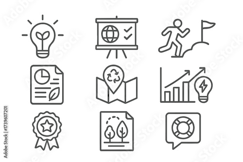 Line Style Eco Icons. Line style icons of crowdsourced environmental ideas: clean tech idea bulb, climate solution board, green