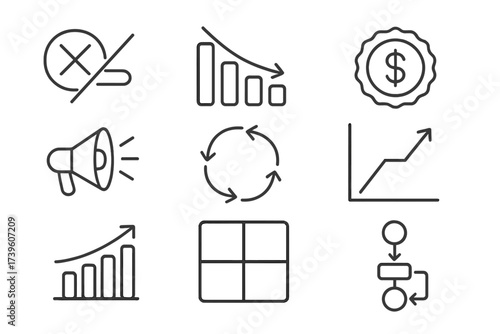ERRC Icons Set. Line style icons of eliminate-reduce-raise-create actions: eliminate factor icon, reduce effort chart, raise value